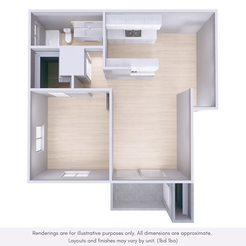 Floor plan for 1 bed, 1 bath, 728 sqft